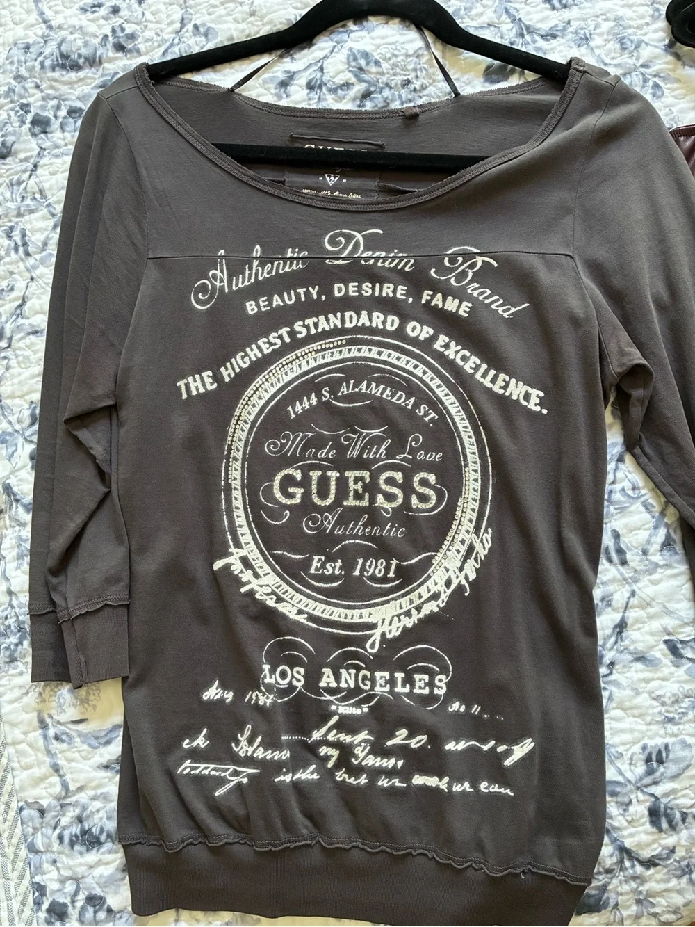 Guess Vintage Y2K 3/4 Sleeve Rhinestone Graphic Cotton Top